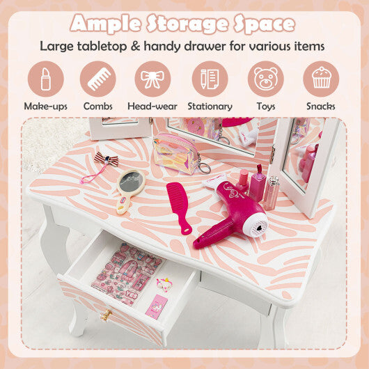 2-in-1 Kids Vanity Table Set with Tri-folding Mirror-Pink - Color: Pink - Minihomy