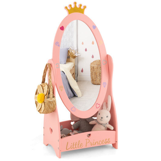 Kids Full Length Mirror with 360 Degree Rotatable Design and Shelf-Pink - Color: Pink