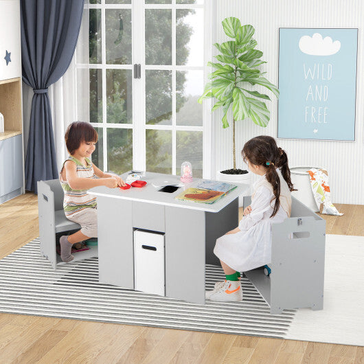 4-in-1 Kids Table and Chairs with Multiple Storage for Learning-Gray - Color: Gray