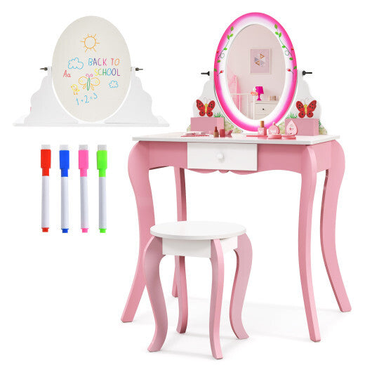 Kids Vanity Table and Stool Set with 360? Rotating Mirror and Whiteboard-Pink - Color: Pink