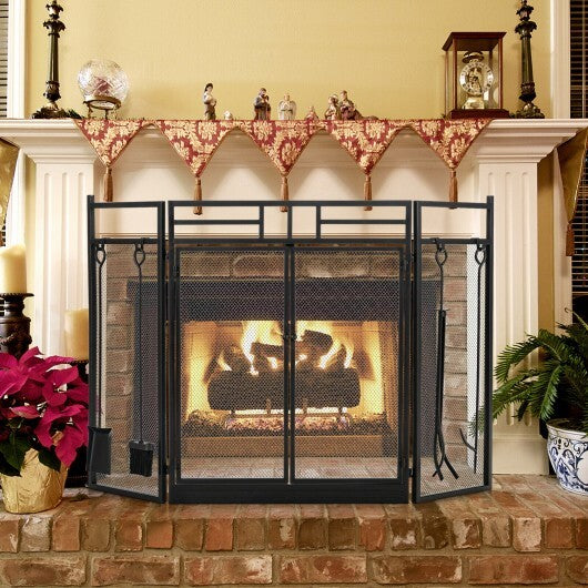 3-Panel Folding Wrought Iron Fireplace Screen with Doors and 4 Pieces Tools Set-Black - Color: Black - Minihomy