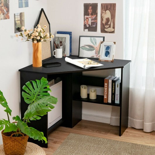 Corner Computer Desk Triangle Writing Workstation with Storage Shelf-Black - Color: Black - Minihomy