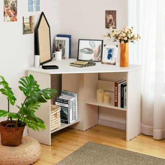 Corner Computer Desk Triangle Writing Workstation with Storage Shelf-White - Color: White - Minihomy