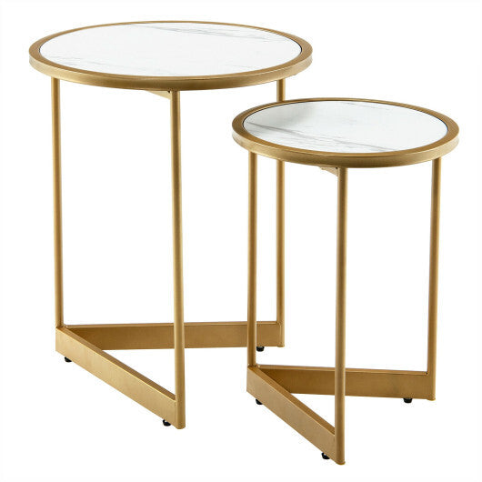 Round Nesting Table Set of 2 with Marble-like Tabletop-White