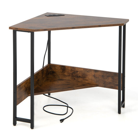 Triangle Computer Corner Desk with Charging Station-Rustic Brown - Color: Rustic Brown