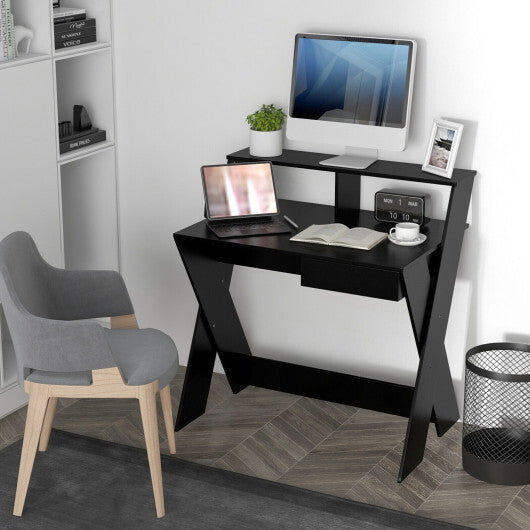 Small Computer Desk with Storage Drawer-Black - Color: Black