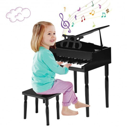 30-Key Wood Toy Kids Grand Piano with Bench & Music Rack-Black - Color: Black - Minihomy