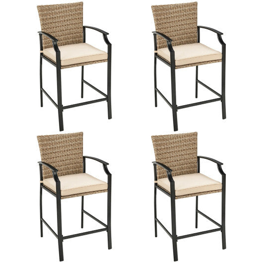 Patio Rattan Bar Stools Set of 4 with Soft Cushions - Minihomy