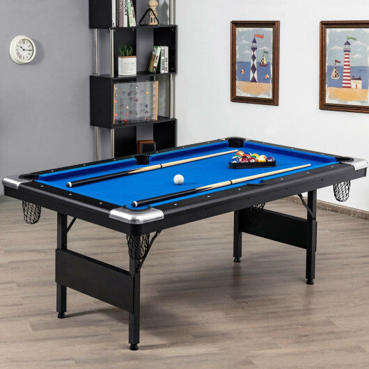 6 Feet Foldable Billiard Pool Table with Complete Set of Balls-Blue - Color: Blue - Minihomy