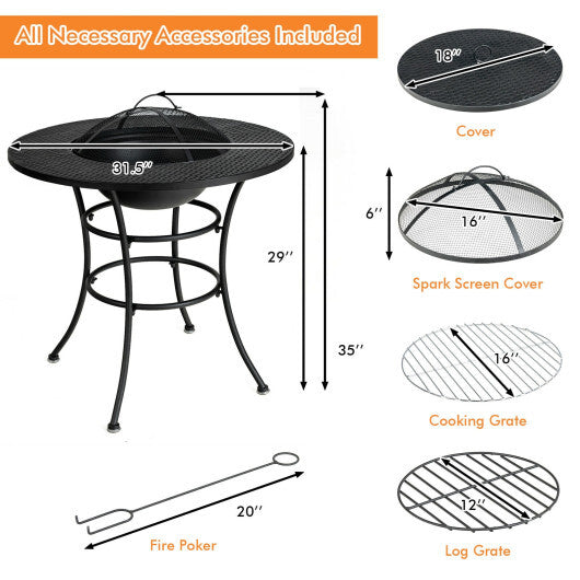 31.5 Inch Patio Fire Pit Dining Table With Cooking BBQ Grate - Color: Black - Minihomy