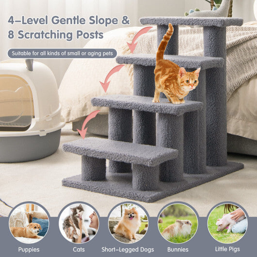 24 Inch 4-Step Pet Stairs Carpeted Ladder Ramp Scratching Post Cat Tree Climber-Gray - Color: Gray - Minihomy