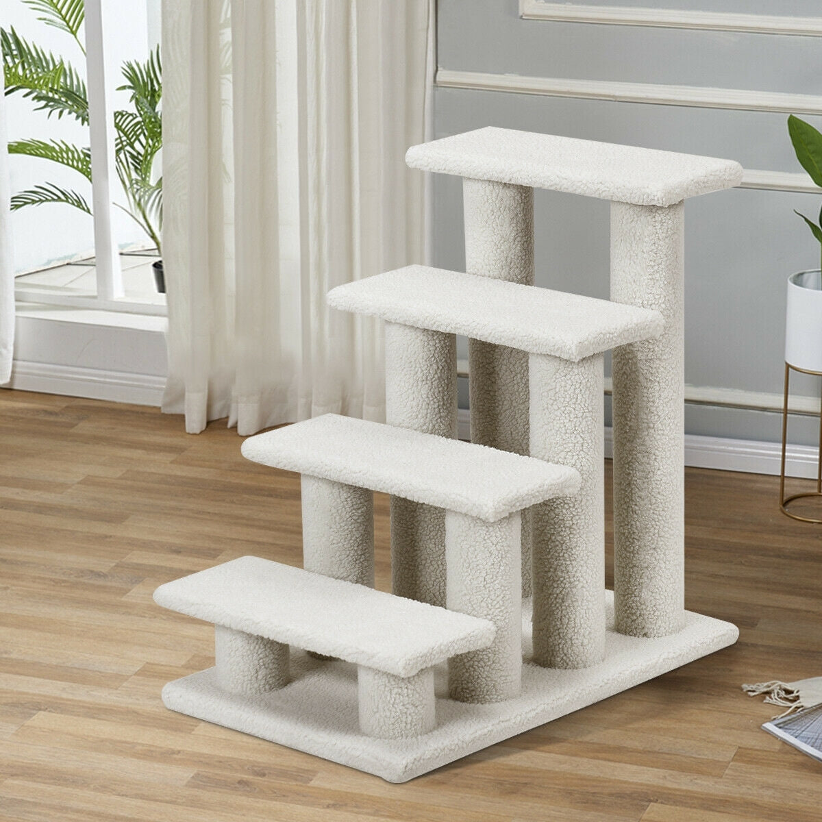 4-Step Pet Stairs Carpeted Ladder Ramp Scratching Post Cat Tree Climber - Color: Beige - Minihomy