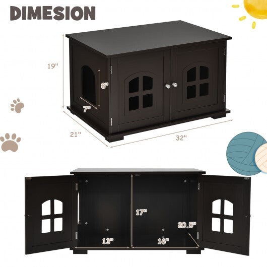 Large Wooden Cat Litter Box Enclosure Hidden Cat Washroom with Divider - Color: Brown - Minihomy