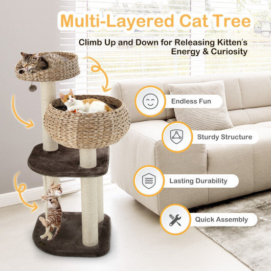 41 Inch Rattan Cat Tree with Napping Perch-Beige - Color: Beige - Minihomy