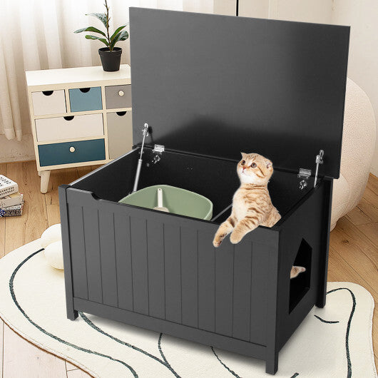 Wooden Cat Litter Box Enclosure with Top Opening Side Table-Black - Color: Black