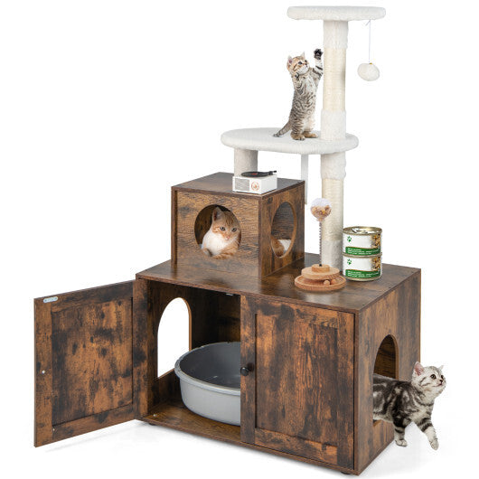 Cat Tree with Litter Box Enclosure with Cat Condo-Rustic Brown - Color: Rustic Brown - Minihomy