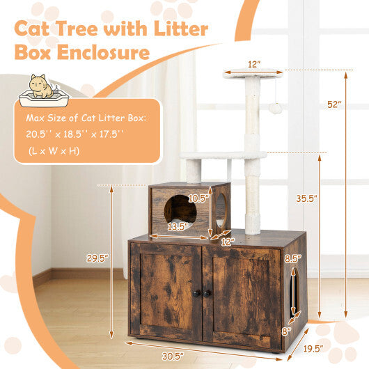 Cat Tree with Litter Box Enclosure with Cat Condo-Rustic Brown - Color: Rustic Brown - Minihomy