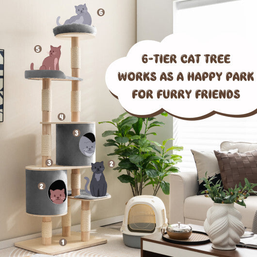 6-Tier Wooden Cat Tree with 2 Removeable Condos Platforms and Perch-Gray - Color: Gray - Minihomy