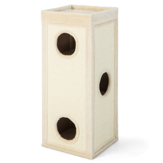 39" Tall Cat Condo with Scratching Posts and 3 Hideaways and 4 Soft Plush Cushions-Natural - Color: Natural - Minihomy