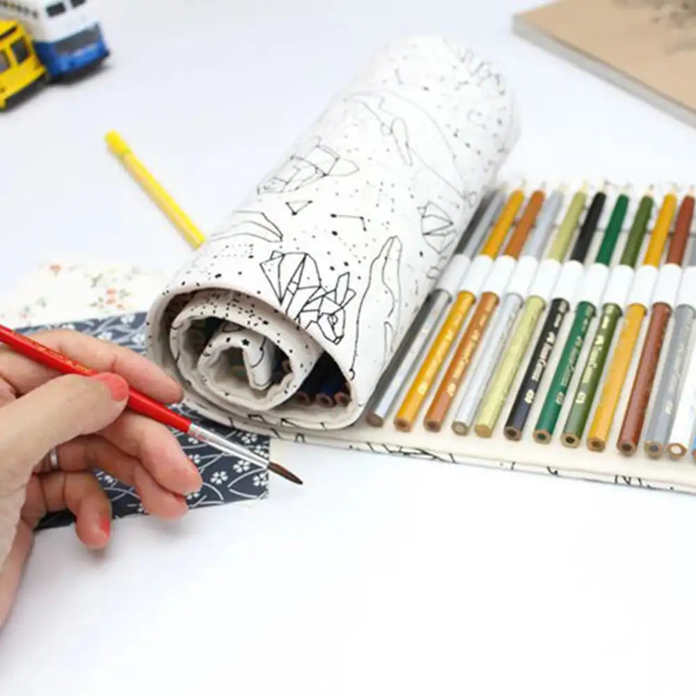 Holes Big Capacity Pencil Case School Canvas Roll Pouch Colored Pencils Box Constellation Sketch Brush Pen Bag - Minihomy