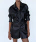 Lady Leather Sashes Mini Blazer Dresses Stitching Faux Leather Jacket - Minihomy