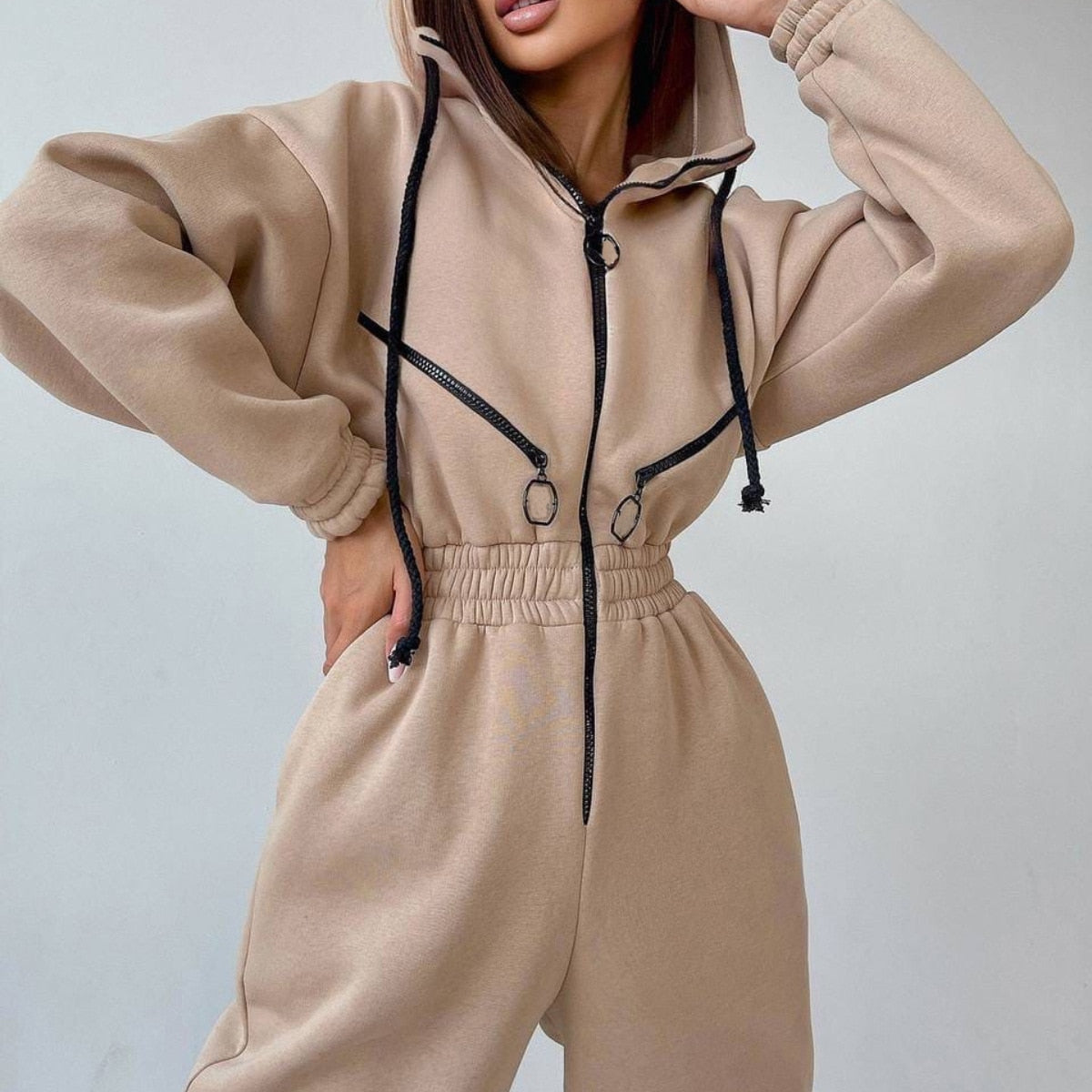 Casual Women Basic Hoodie Two Piece Sets Zipper Drawstring - Minihomy