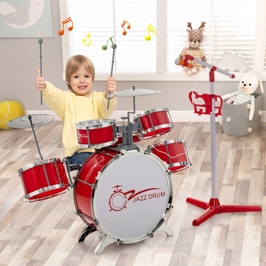 Kids Jazz Drum Keyboard Set with Stool and Microphone Stand-Red - Color: Red