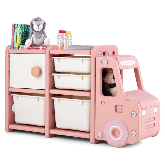Toddler Truck Storage Organizer with Plastic Bins-Pink - Color: Pink