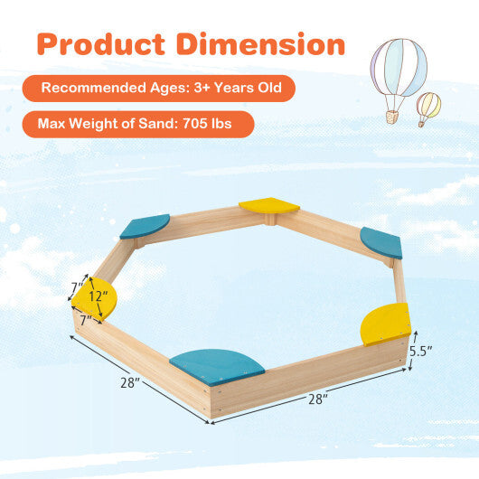 Outdoor Solid Wood Sandbox with 6 Built-in Fan-shaped Seats - Color: Multicolor - Minihomy