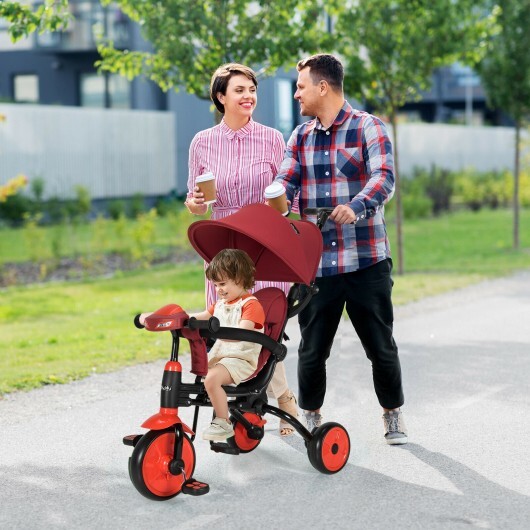 6-in-1 Foldable Baby Tricycle Toddler Stroller with Adjustable Handle-Red - Color: Red - Minihomy