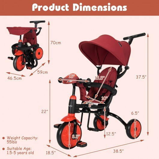 6-in-1 Foldable Baby Tricycle Toddler Stroller with Adjustable Handle-Red - Color: Red - Minihomy