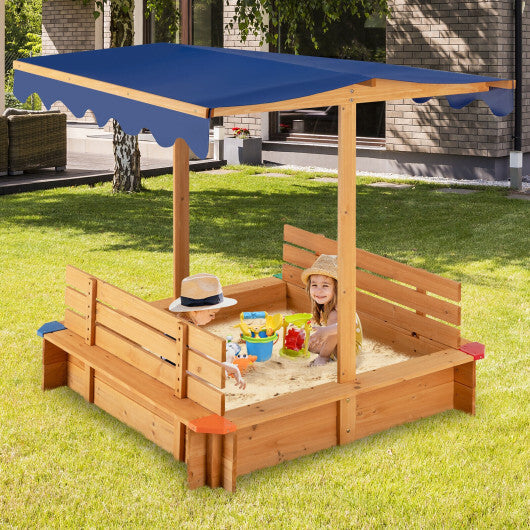 Kids Wooden Sandbox with Canopy and 2 Bench Seats