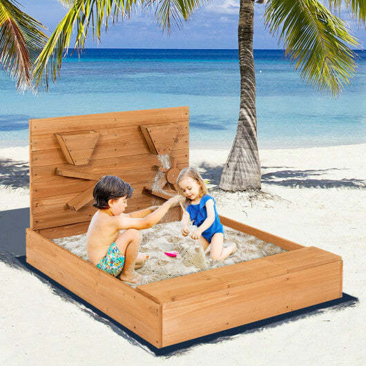 Kids Wooden Square Sandbox with Cover - Color: Brown