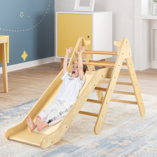 2-in-1 Wooden Triangle Climber Set with Gradient Adjustable Slide-Natural - Color: Natural - Minihomy