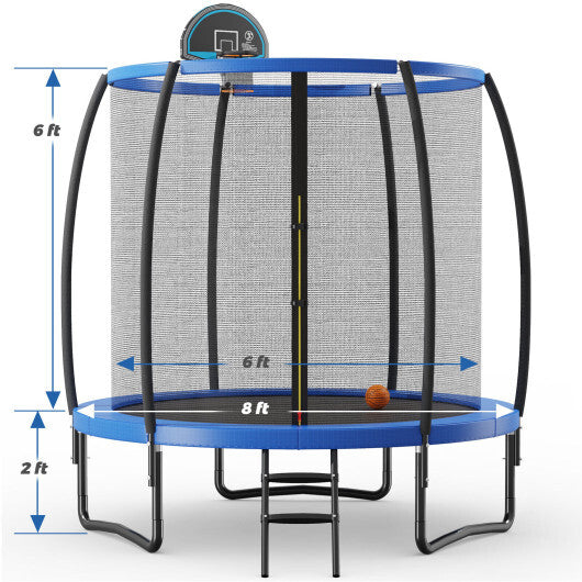 8 Feet Recreational Trampoline with Basketball Hoop and Net Ladder - Color: Blue - Size: 8 ft - Minihomy