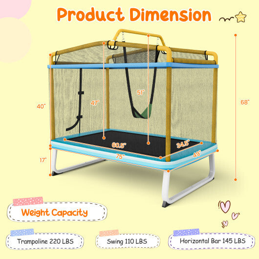 6 Feet Rectangle Trampoline with Swing Horizontal Bar and Safety Net-Yellow - Color: Yellow - Minihomy