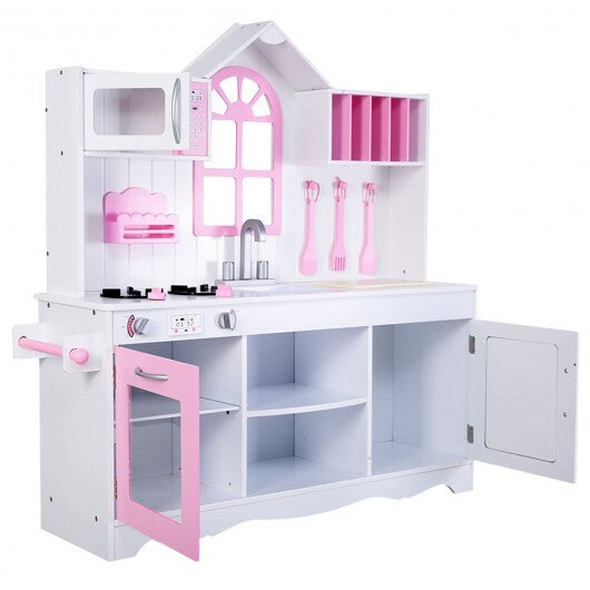 Wood Toy Kitchen Kids Cooking Pretend Play Set - Color: White