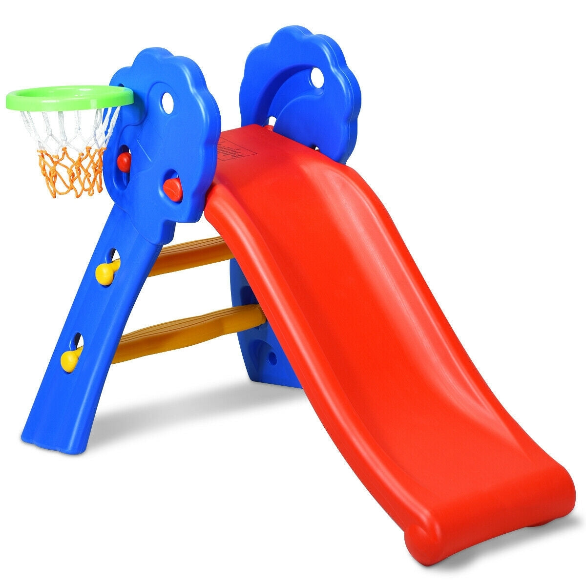 2 Step Indoors Kids Plastic Folding Slide with Basketball Hoop - Color: Multicolor