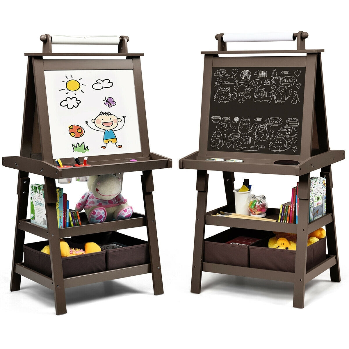 3 in 1 Double-Sided Storage Art Easel-Brown - Color: Brown - Minihomy