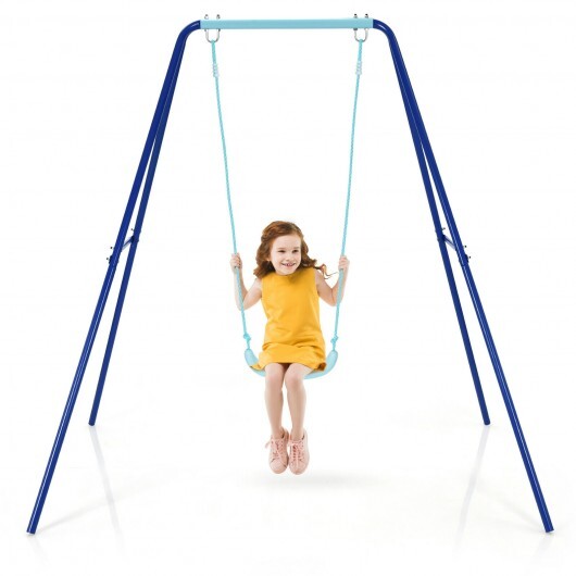 Outdoor Kids Swing Set with Heavy-Duty Metal A-Frame and Ground Stakes-Blue - Color: Blue