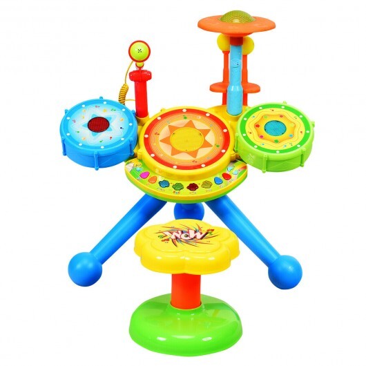 Kids Electric Jazz Drum Set with Stool Microphone and LED Light - Color: Multicolor