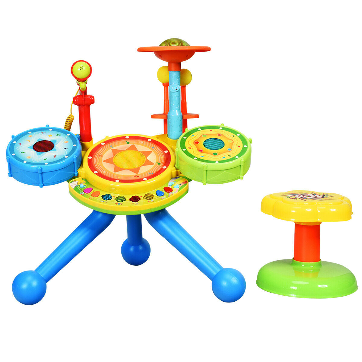 Kids Electric Jazz Drum Set with Stool Microphone and LED Light - Color: Multicolor