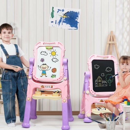 Height Adjustable Kids Art Easel Magnetic Double Sided Board-Pink - Color: Pink - Minihomy