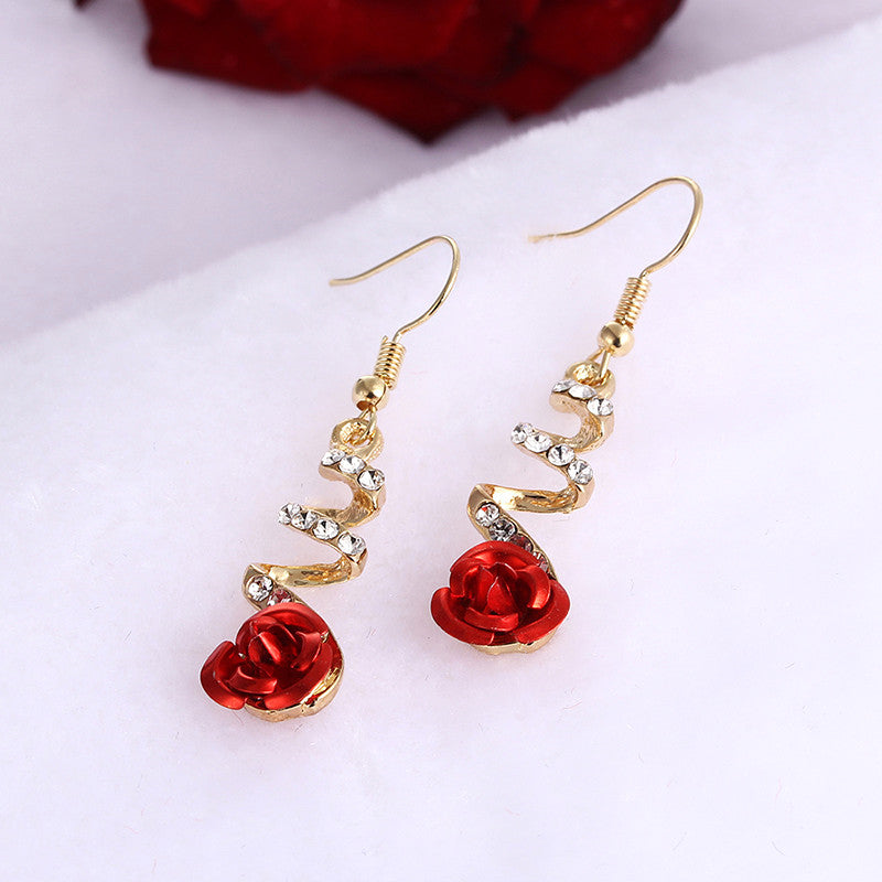 Fashion Jewelry Ethnic Red Rose Drop Earrings Big Rhinestone Earrings Vintage For Women Rose Gold Spiral Dangle Earring - Minihomy