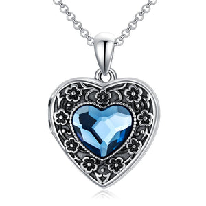Sterling Silver Vintage Heart Crystal Pendant Flower Photo Lockets Necklace for Women