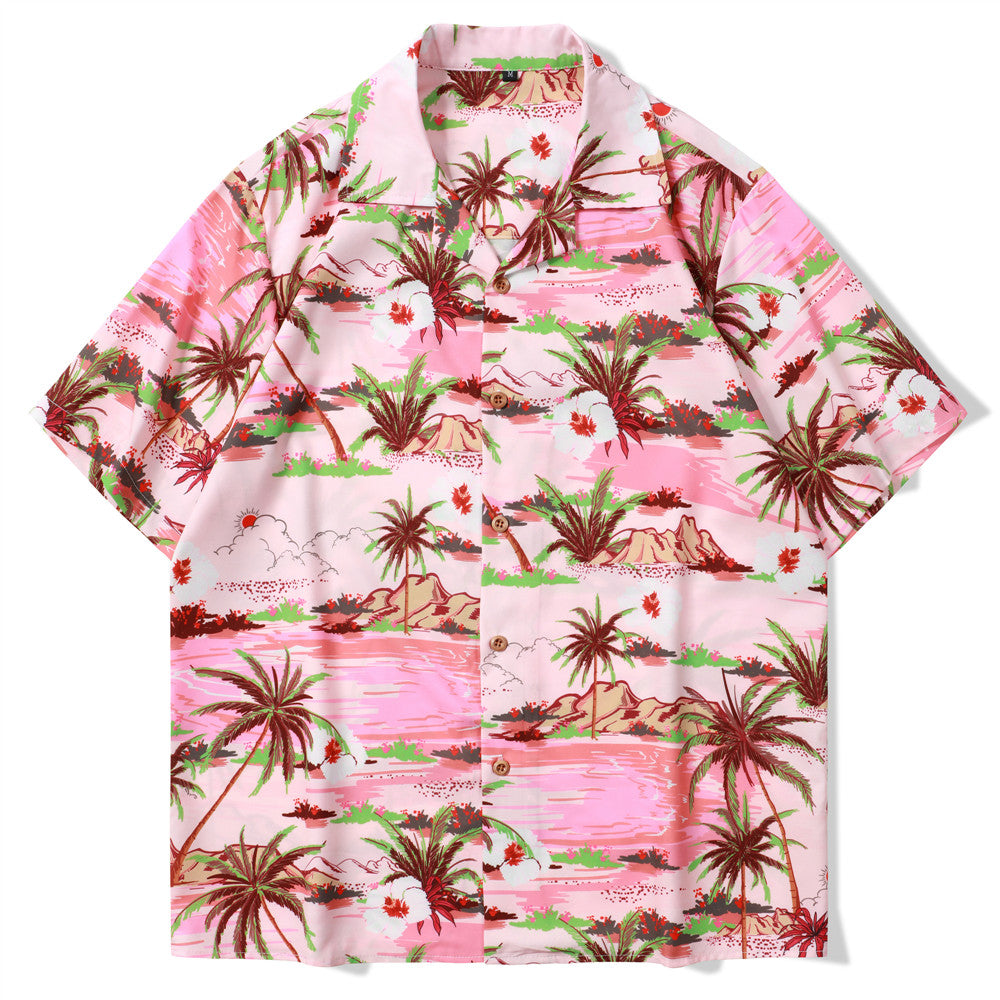 Men Short Sleeve Shirts Vintage Flower Print Streetwear Retro Summer Man Blouse