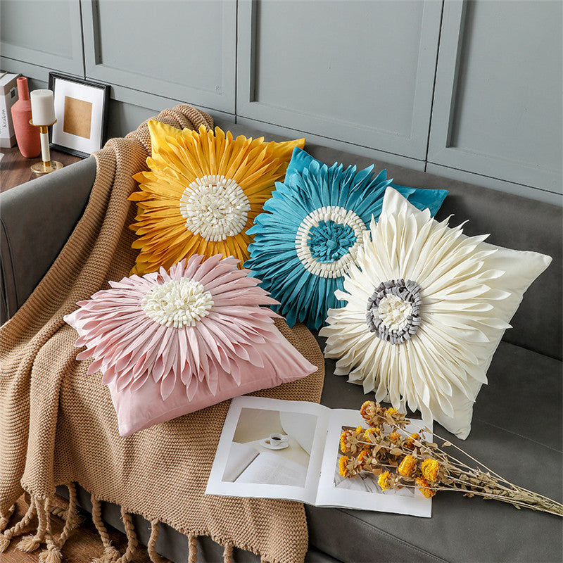 Modern Style White Throw Pillows Velvet Stitching 3D Chrysanthemum Cushion Waist Pillow Blue Cushion Case - Minihomy