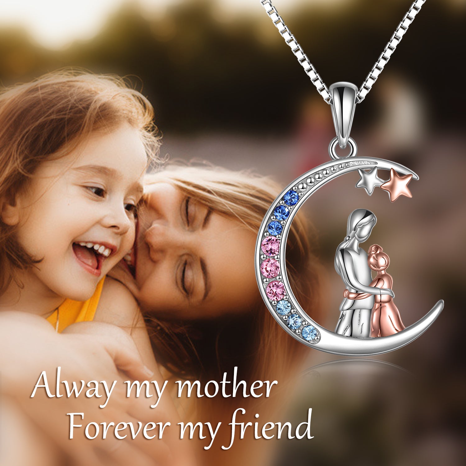 Crescent Moon Family Necklace for Women Teens Sterling Silver Jewelry with Crystal - Minihomy