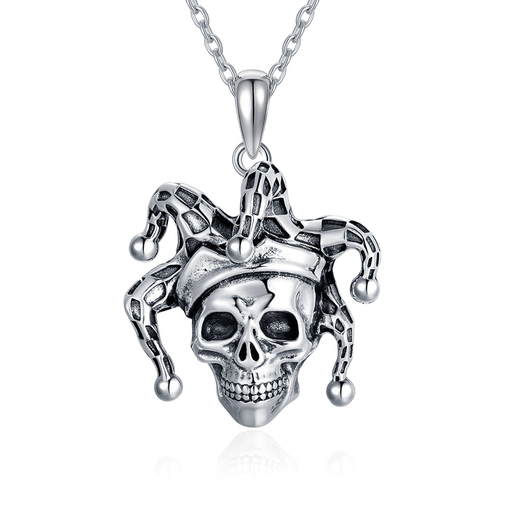 Sterling Silver Retro Gothic Skull Necklace Clown Hat Halloween Necklace for Women Man