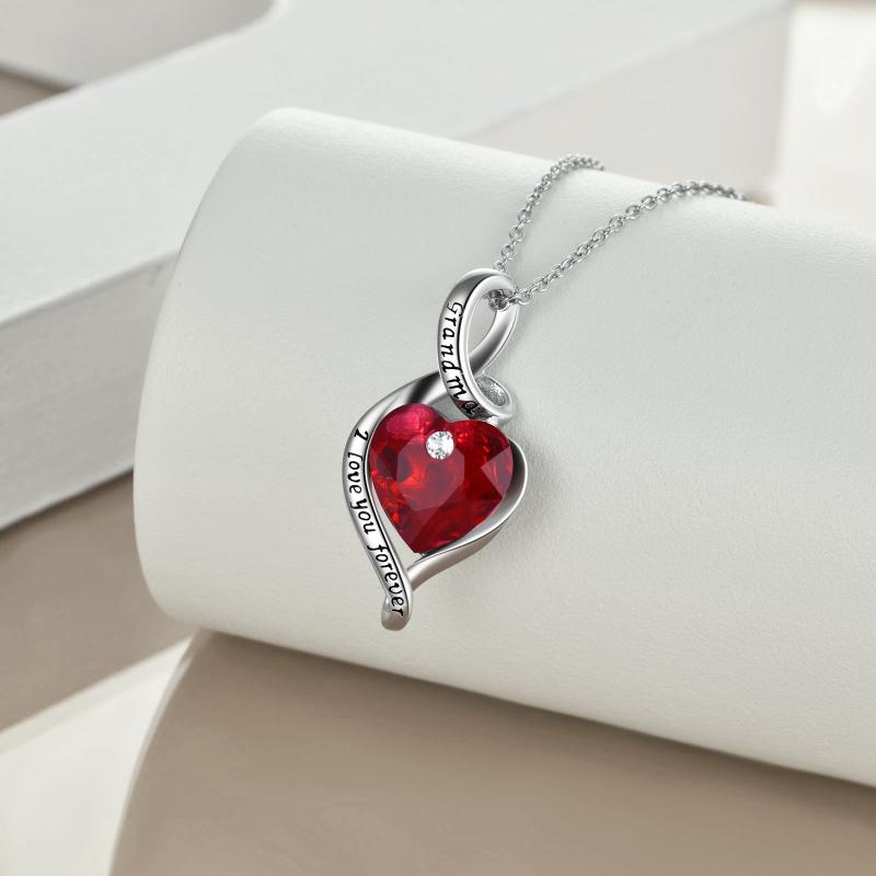 Sterling Silver with Red Heart-Shaped Crystal Grandma Necklace